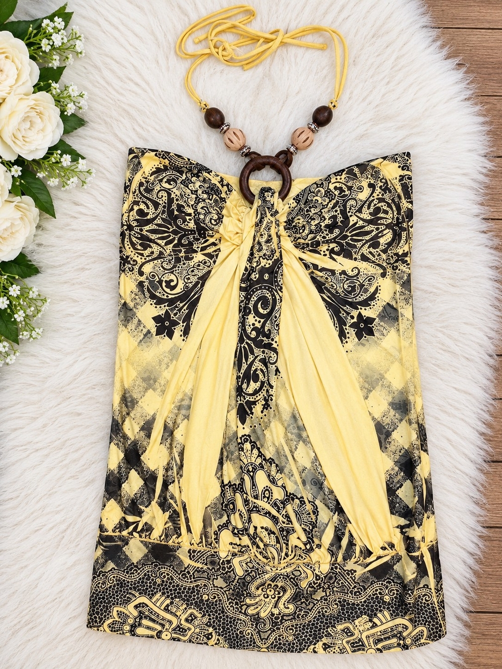 Yellow & Black Paisley Halter Tube Top with Wooden Ring Detail
